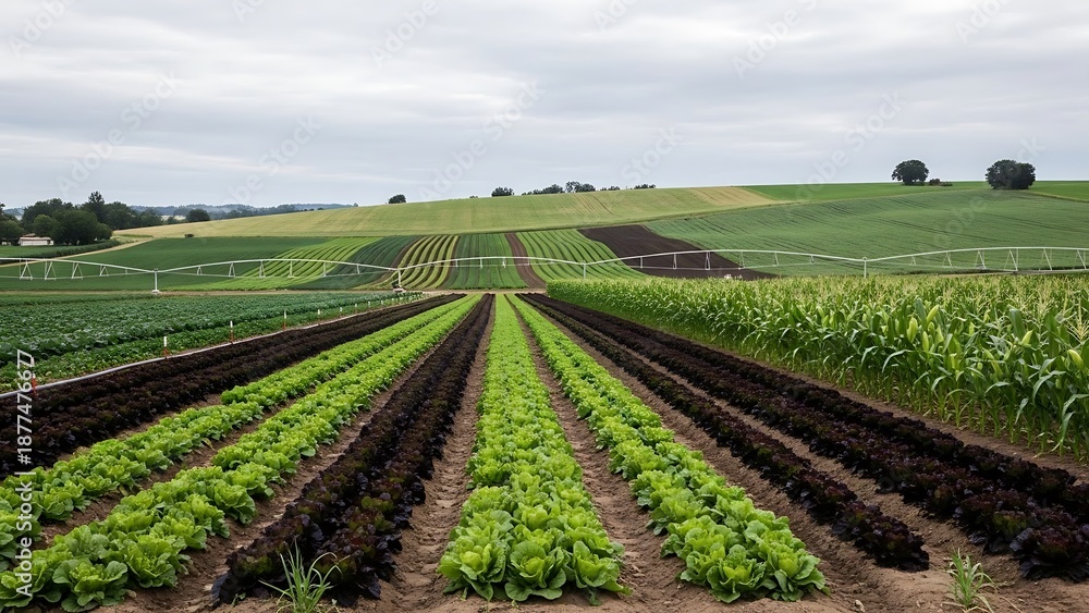 Obraz premium Vast agricultural fields with rows of fresh lettuce and corn under a cloudy sky, showcasing a bountiful harvest