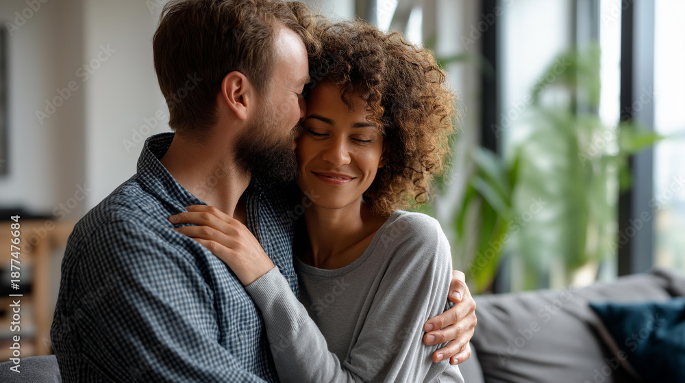 Obraz premium Multiracial couple embracing in their living room, faceless emotional closeness, natural light, with copy space