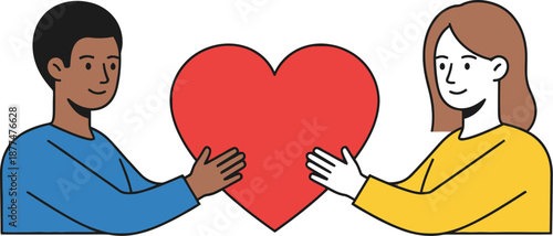 Diverse man and woman sharing a large bright red heart together symbolizing connection mutual support and abstract love in a simple illustration