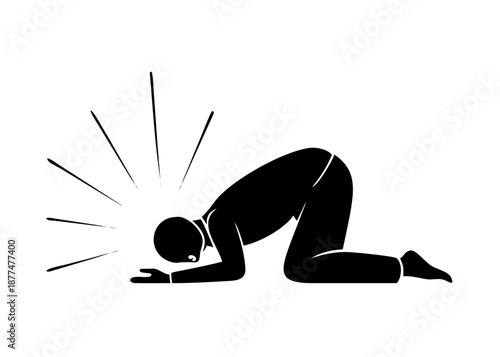Minimalist vector of a person's silhouette in prostration (Sujud) or making Dua, with rays of light coming from above, spiritual and divine feel.