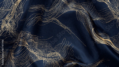 Contemporary silk pattern inspired by oriental brush strokes and flowing lines in gold on dark navy silk. Fusion of tradition and modern luxury fashion.
