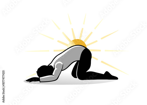 Minimalist vector of a person's silhouette in prostration (Sujud) or making Dua, with rays of light coming from above, spiritual and divine feel.