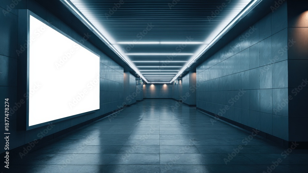Fototapeta premium Blank Billboard Mockup in Modern Underground Passage, Advertisement Space, Urban Environment, Blue Tones