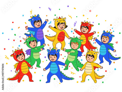 Cheerful kids celebrate in dragon costumes amidst colorful confetti! A vibrant party scene perfect for joyful illustrations and designs.