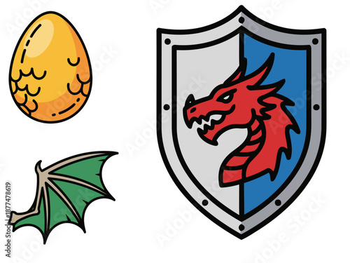 Colorful dragon fantasy elements ? egg, shield, wing.  Bold, graphic design icons. Perfect for branding, illustrations, and digital projects.