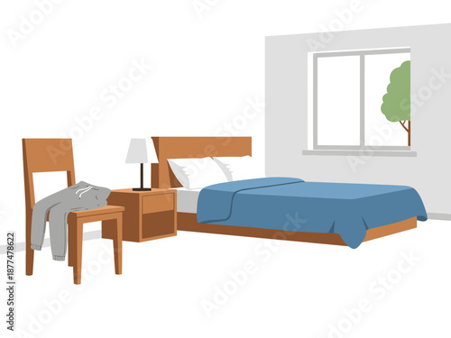Cozy bedroom scene with a bed, nightstand, and sweatshirt. Warm lighting and a relaxed atmosphere. Ideal for lifestyle and home decor visuals.