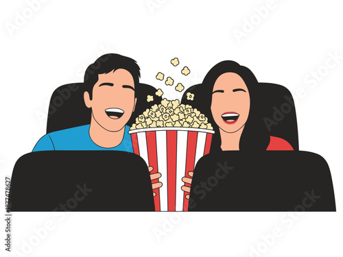 A couple enjoys a movie date with popcorn in cinema seats. Bright, cheerful illustration perfect for marketing and entertainment themes.