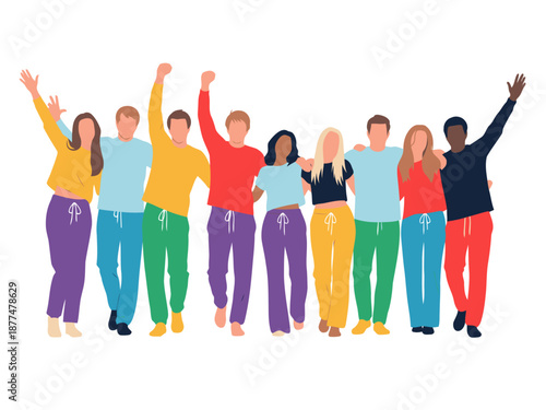 A diverse group celebrates with colorful sweatpants! This vibrant, joyful image is perfect for party or friendship themes. Bright, modern, and instantly appealing.