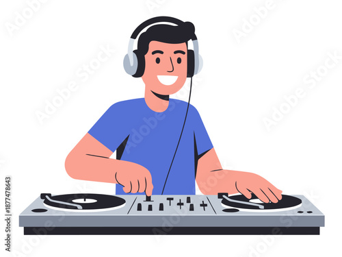 A smiling DJ mixes music on a turntable, celebrating a party. Vibrant colors and a modern style create an energetic visual.