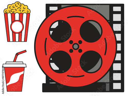 Enjoy a classic movie night! This vibrant icon features popcorn, a drink, and film reels ? perfect for cinema-themed designs and marketing.