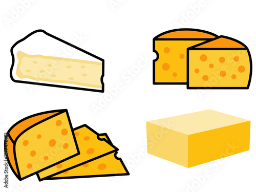 Four cheese variety icons showcase different cheese shapes and textures. A clean, modern design perfect for food-related projects and illustrations.