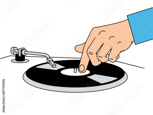 A hand scratches a vinyl record on a turntable, creating a DJ scratch effect. Bold colors and a clear composition highlight the action. Perfect for music and entertainment visuals.