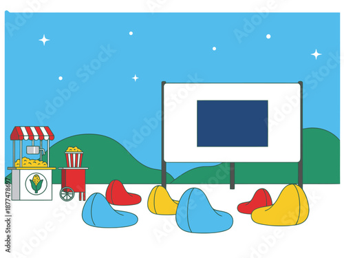 Enjoy a magical outdoor cinema experience! A large screen displays a movie, surrounded by comfy beanbags and a popcorn stand. Perfect for a summer evening.