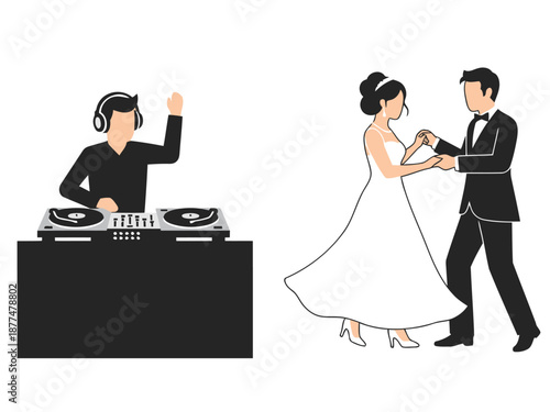 A stylish wedding celebration featuring a DJ spinning records and a couple dancing joyfully. Modern, graphic illustration for party or event themes.