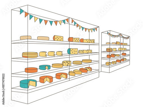 A stylized illustration showcases a cheese shop interior with shelves stocked and decorated with bunting. Clean lines and bright colors create a visually appealing commercial design.