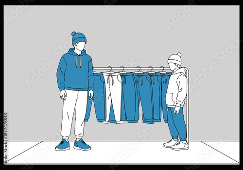 Two figures examine blue sweatshirts on a rack in a minimalist store display. Clean lines and a neutral background create a modern, appealing visual.