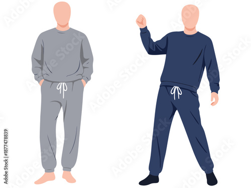 Two men celebrate International Sweatpants Day in comfortable lounge wear. A modern, minimalist design showcasing relaxed style and casual comfort.