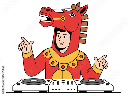 A vibrant DJ, dressed as a horse, spins records. Bold colors and playful design celebrate Lunar New Year! Perfect for festive marketing.