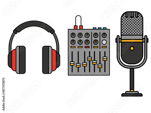 A vibrant illustration showcases DJ equipment ? headphones, mixer, microphone, and sliders ? perfect for audio-related projects and digital media. Clean, modern design.