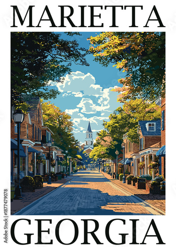 Charming vector illustration of a historic Marietta street in Georgia, featuring classic architecture and autumnal foliage framing a town square.