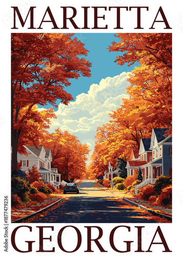 Charming suburban street in Marietta, Georgia, during autumn, lined with traditional houses and vibrant orange and red trees, creating a picturesque fall scene with fallen leaves on the road.