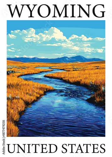 Stylized vector illustration of a winding river through golden grasslands in Wyoming, USA, with distant mountains under a cloudy blue sky, evoking a sense of natural beauty and open spaces.