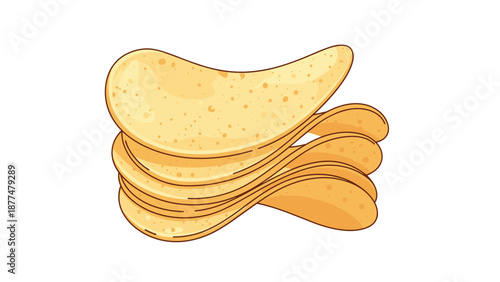 Stack of crispy golden potato chips piled high against a clean white background in a detailed food illustration for snacks.
