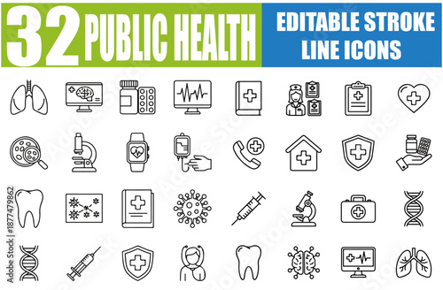 Set of 32 Outline Icons Related to Public Health - Epidemiology, Vaccination, Disease Prevention, Community Health, Sanitation, Healthcare System, Pandemic, Awareness, Wellness and More - Linear Icon 