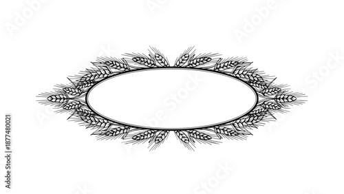 Decorative oval frame meticulously crafted from hand-drawn black and white wheat ears and stalks on a plain white background.