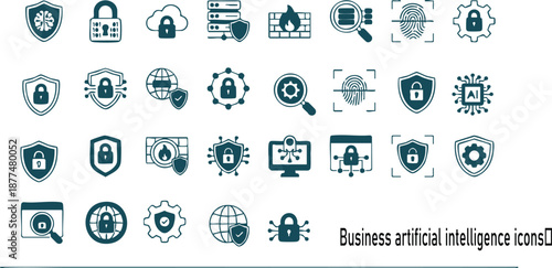 Business cybersecurity and artificial intelligence icon set with shields locks servers fingerprint globe and cloud symbols