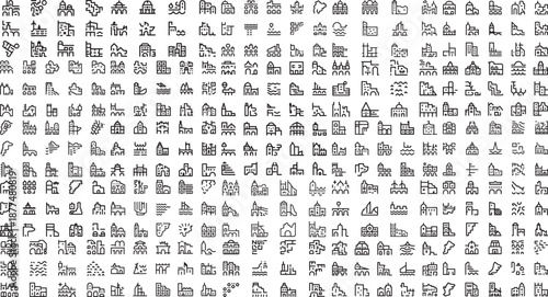 Collection of various small line icons representing buildings and boats on white background