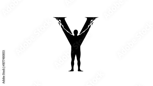 Man holding two plates up high.