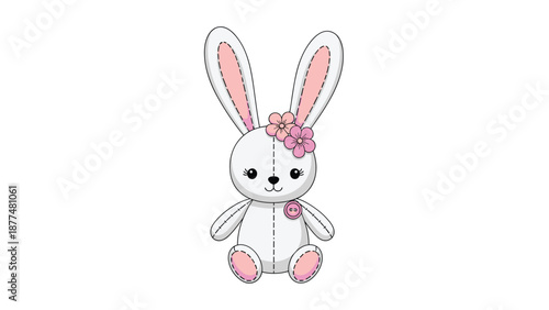 Adorable white stuffed bunny plush toy decorated with pink flowers on its head and a cute pink button on its soft chest.
