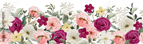 pink white floral watercolor seamless border