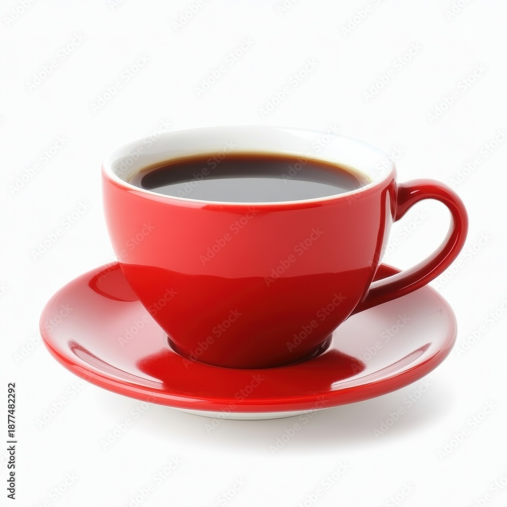 Fototapeta premium Red ceramic coffee cup filled with black coffee on matching saucer isolated on clean white background