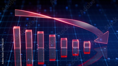 A red arrow pointing downwards illustrating a financial downturn, with a red graph showing the market decline and loss of economic investment amid a dramatic economic situation.