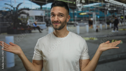 Young hispanic man in a white shirt stands with open arms at airport terminal, surrounded by blurred travelers and modern architecture. Free Download Young hispanic man in a white shirt stands with open arms at airport terminal, surrounded by blurred travelers and modern architecture. - GFXLoad