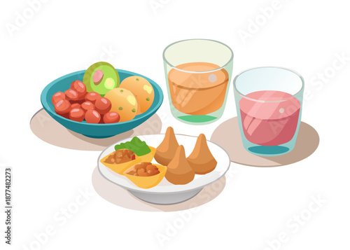 Vector icon set of Iftar food items: dates, water glass, soup bowl, samosas, and fruits, flat vibrant colors on a clean background.