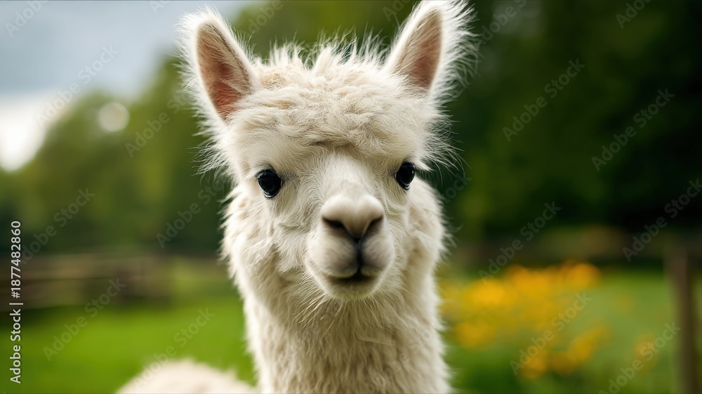 Obraz premium Close-up Portrait of a White Alpaca in a Lush Green Field, Captured in Stunning Detail