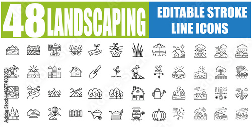 Set of 48 Outline Icons Related to Landscaping - Garden, Lawn, Trees, Plants, Flower Bed, Shrub, Pathway, Fence, Water Feature, Gardening Tools, Outdoor Design and More - Linear Icon Collection, Edita