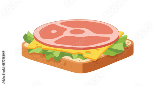 Delicious open-faced sandwich made with a slice of bread topped with crisp lettuce, swiss cheese, and a large round of ham.