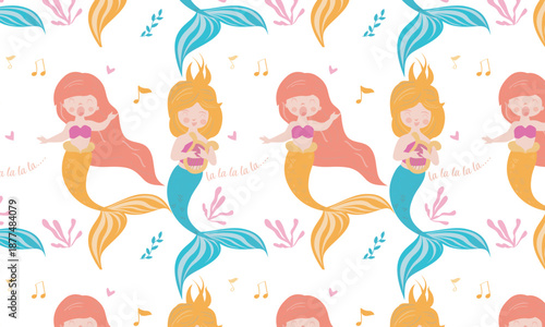 Little Mermaid and harp. The Little Mermaid with blonde hair plays a harp. Mermaid Character Singing Song. Cute Cartoon Character for Emoji, Sticker, Pin and Other Badges