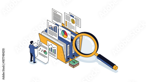 Professional analyst uses a magnifying glass to review financial documents, charts, and reports in a yellow folder.