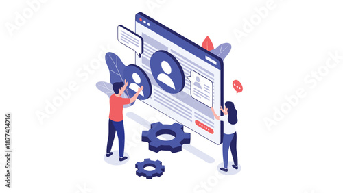 Human resources team manages user profiles and database information on a large digital screen with gear symbols.