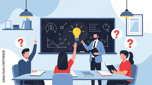 Teacher explains complex concepts on a blackboard to attentive students who are raising their hands in a classroom.