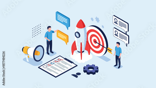 Team of professionals works together to launch a rocket ship toward a target to represent business goals.