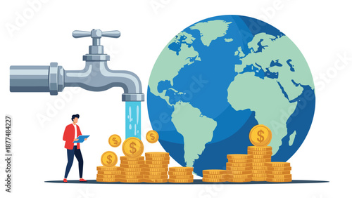 Global wealth flow is represented by a large water tap pouring gold coins next to a detailed earth globe icon.