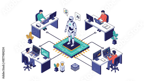 Group of computer programmers and analysts work at desks surrounding a central robot representing artificial intelligence.