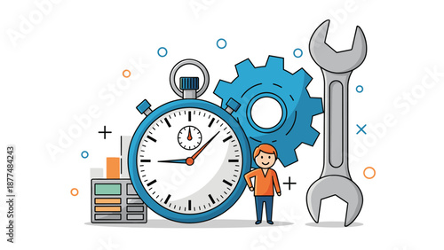Maintenance professional stands next to a large stopwatch, gear, and wrench to symbolize efficient technical services.