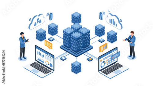 IT specialists monitor a large server data center connected to laptops and cloud computing systems.